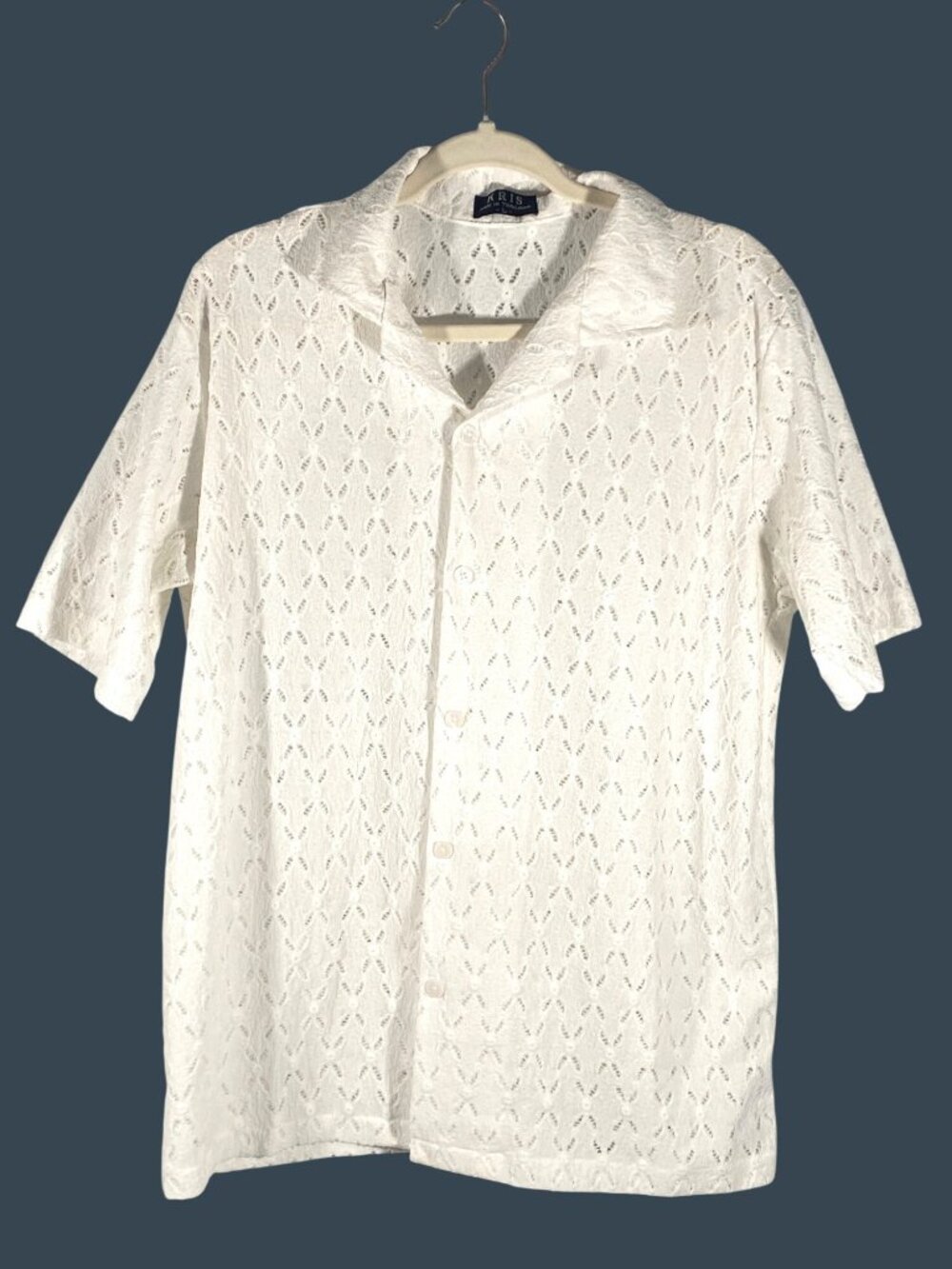 Vintage Kris White Crochet Button-Up Shirt Short Sleeve Mens Large beach resort